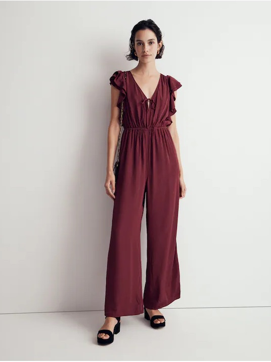 Madewell Burgundy V-Neck Ruffle-Sleeve Jumpsuit